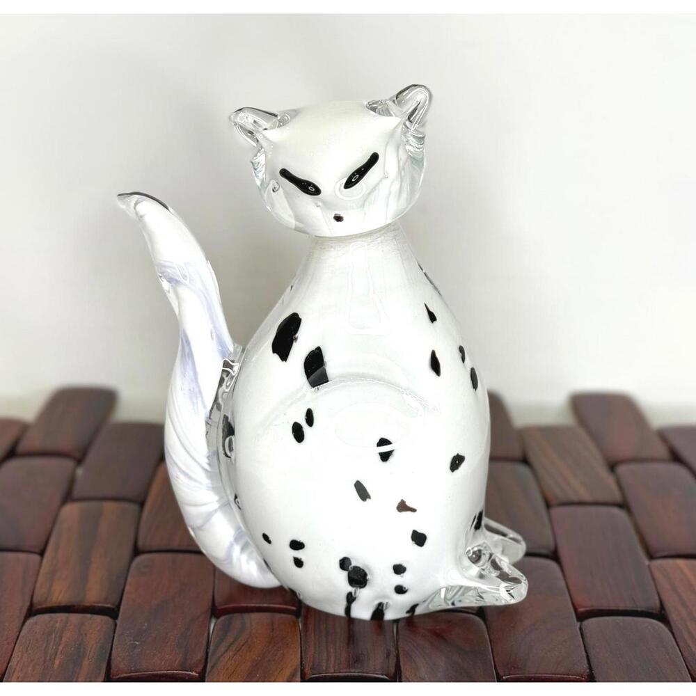 Vintage Art Glass Cat Figurine White Black Spotted Hand Blown Studio Glass